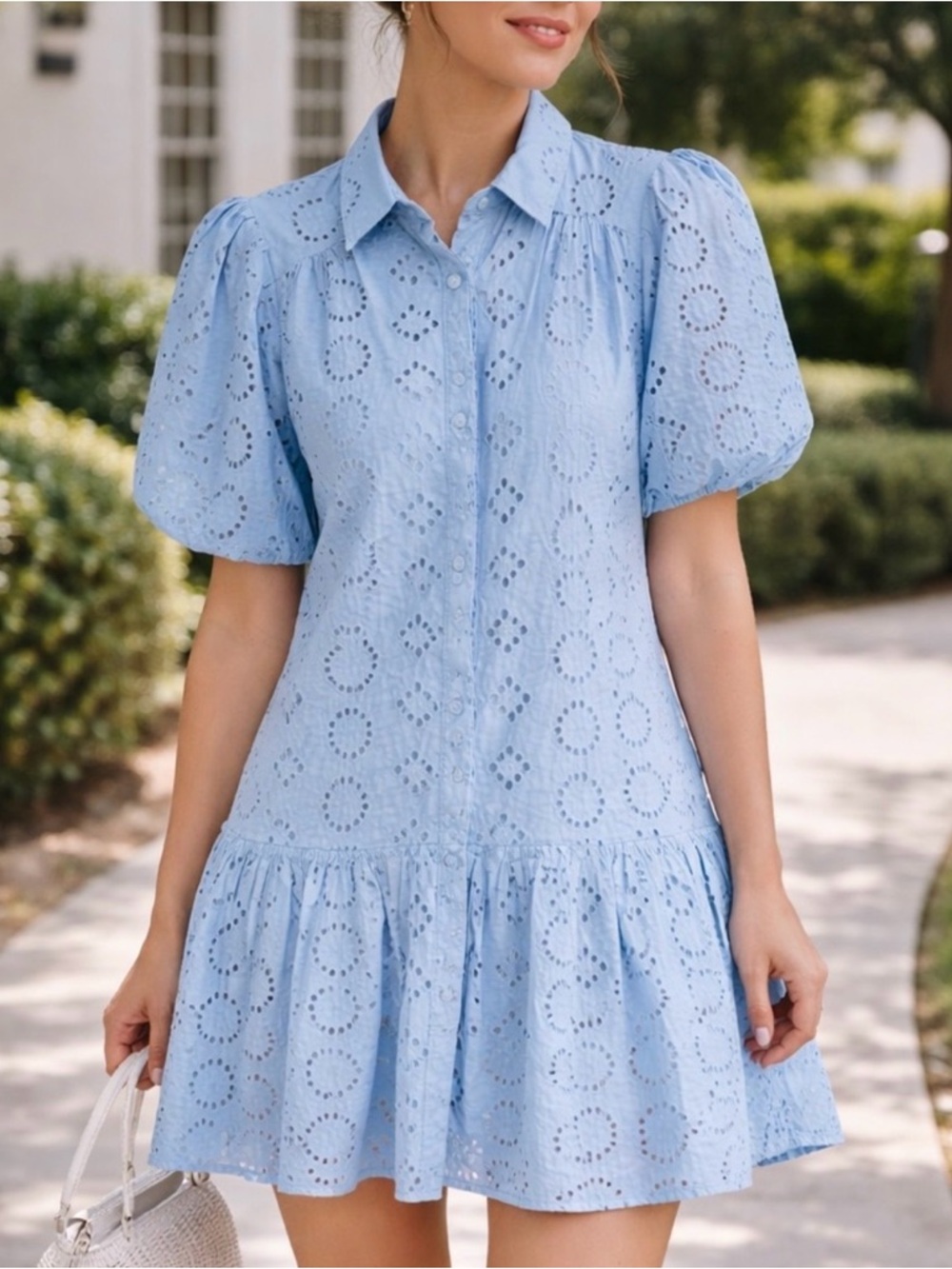 Donna Morgan Blue Eyelet Drop Waist Dress